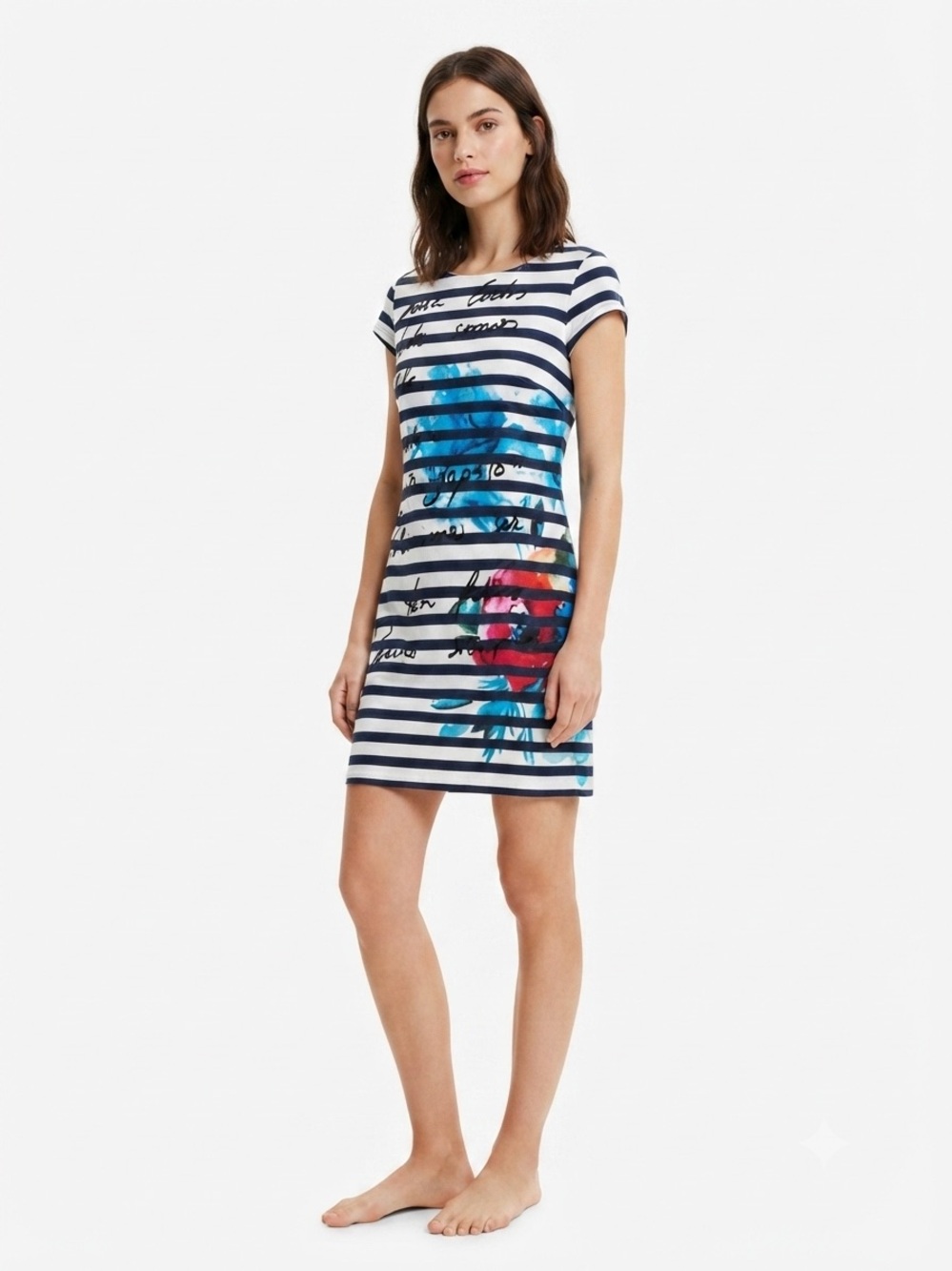 DESIGUAL Stripe Floral Script Mini Dress EU 38 18” p2p Navy/White NWOT